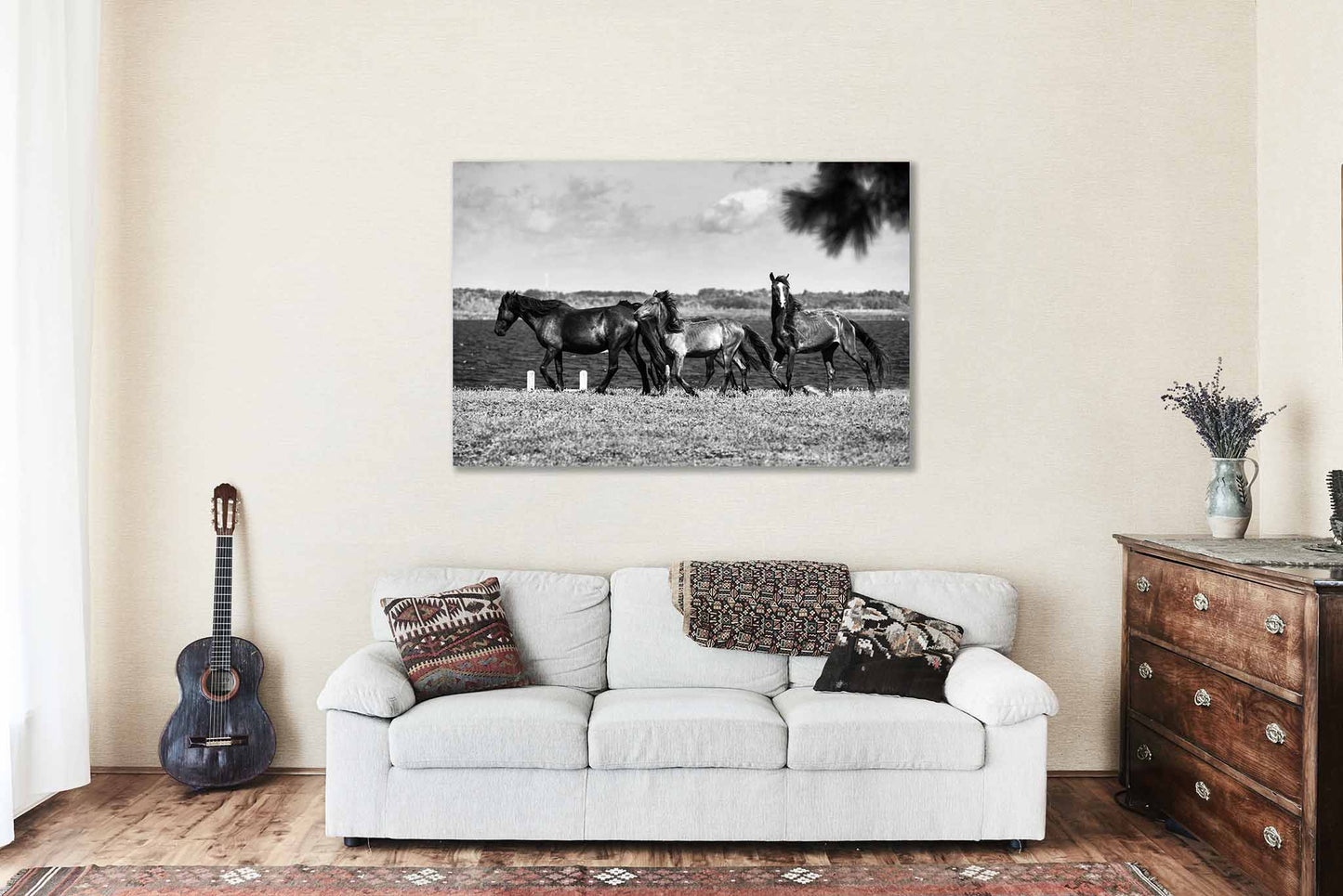 Wild Horses Canvas Wall Art | Outer Banks North Carolina Black and White OBX Coastal Gallery Wrap Photography Decor