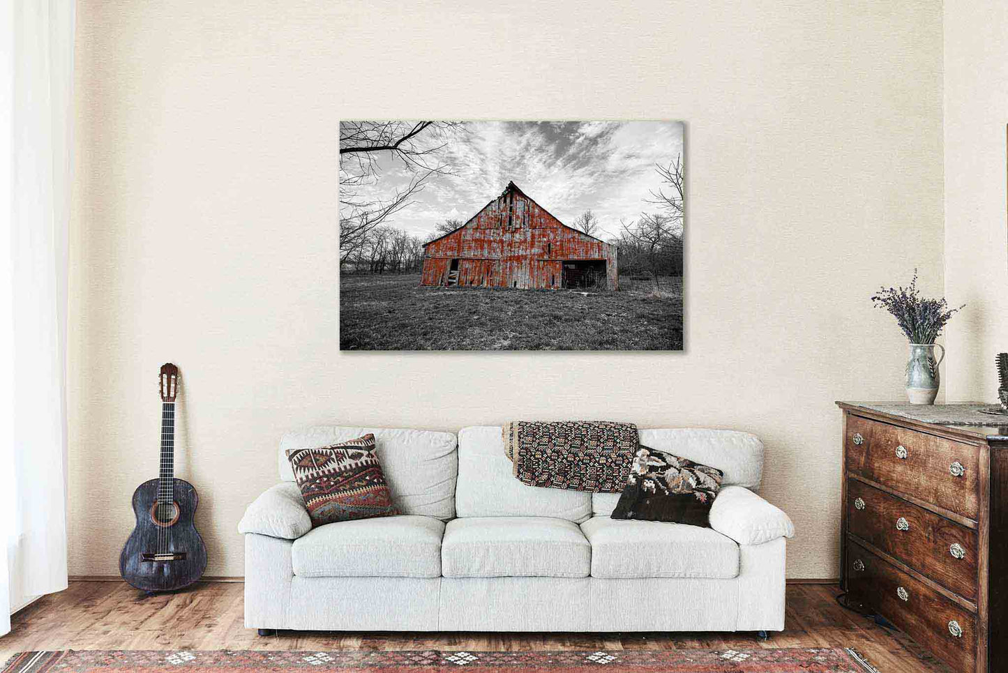 Old Red Barn Metal Print | Color on Black and White Photography | Country Wall Art | Missouri Photo | Farmhouse Decor | Ready to Hang