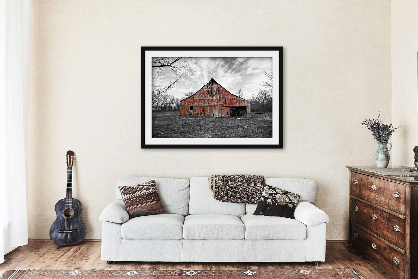 Red Barn Framed Print | Country Wall Art | Color on Black and White Photography | Missouri Photo | Farmhouse Decor