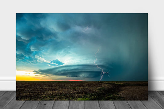 Storm metal print on aluminum of a supercell thunderstorm and lightning strike at dusk on a spring evening in Kansas by Sean Ramsey of Southern Plains Photography.