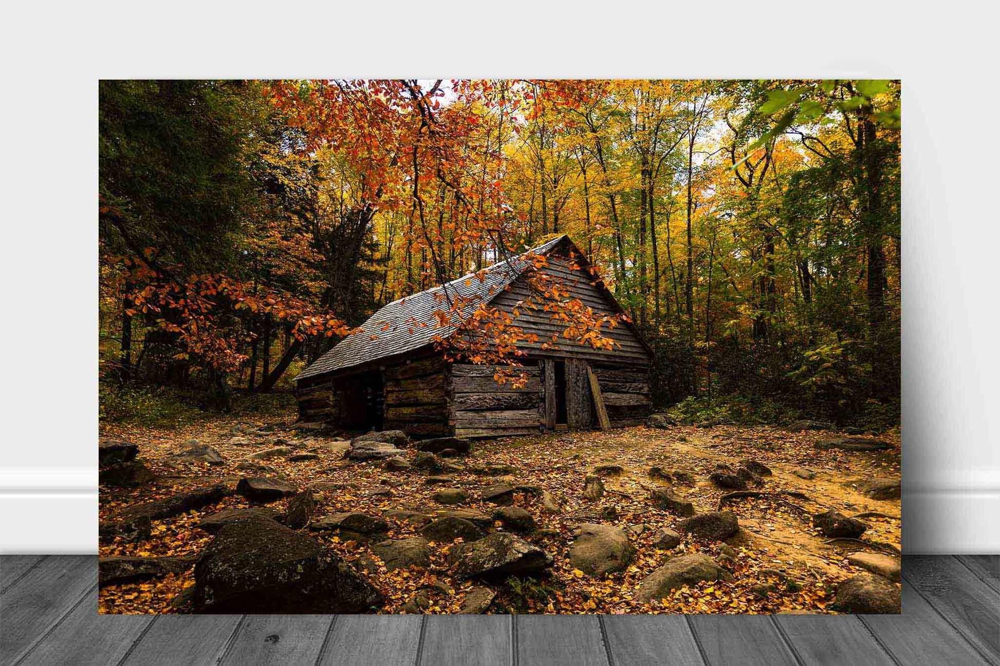 Country metal print on aluminum of an old barn surrounded by fall foliage on an autumn day in the Great Smoky Mountains near Gatlinburg, Tennessee by Sean Ramsey of Southern Plains Photography.