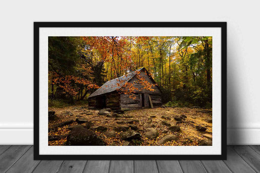 Framed country print with optional mat of an old barn surrounded by fall foliage on an autumn day in the Great Smoky Mountains of Tennessee by Sean Ramsey of Southern Plains Photography.
