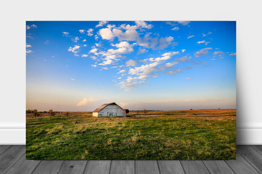 Country metal print wall art on aluminum of an old barn under a big blue sky on a spring evening in Oklahoma by Sean Ramsey of Southern Plains Photography.