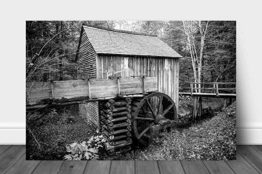 Black and white aluminum metal print of the John Cable Mill at Cades Cove in the Great Smoky Mountains of Tennessee by Sean Ramsey of Southern Plains Photography.