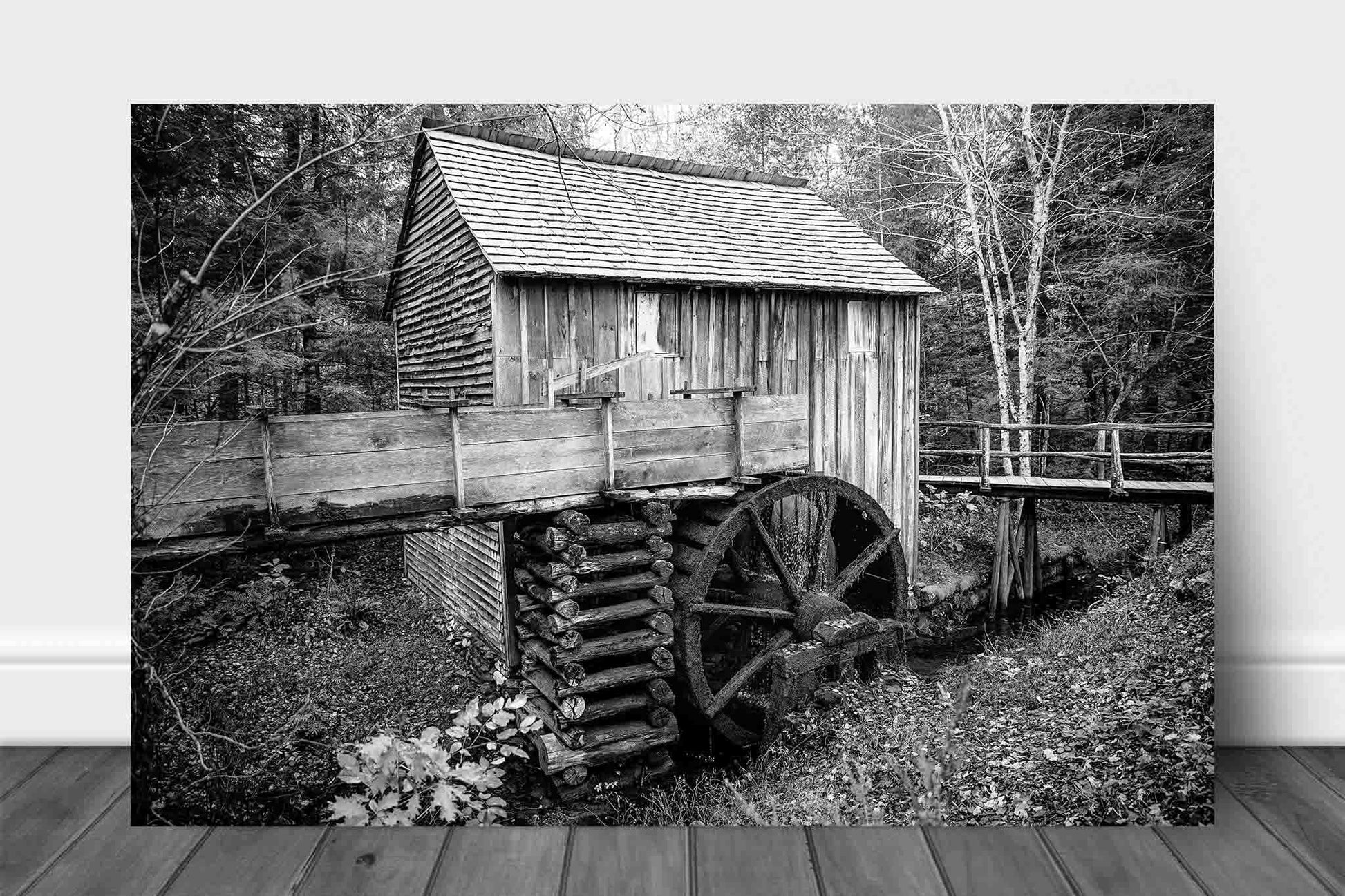 Black and white aluminum metal print of the John Cable Mill at Cades Cove in the Great Smoky Mountains of Tennessee by Sean Ramsey of Southern Plains Photography.
