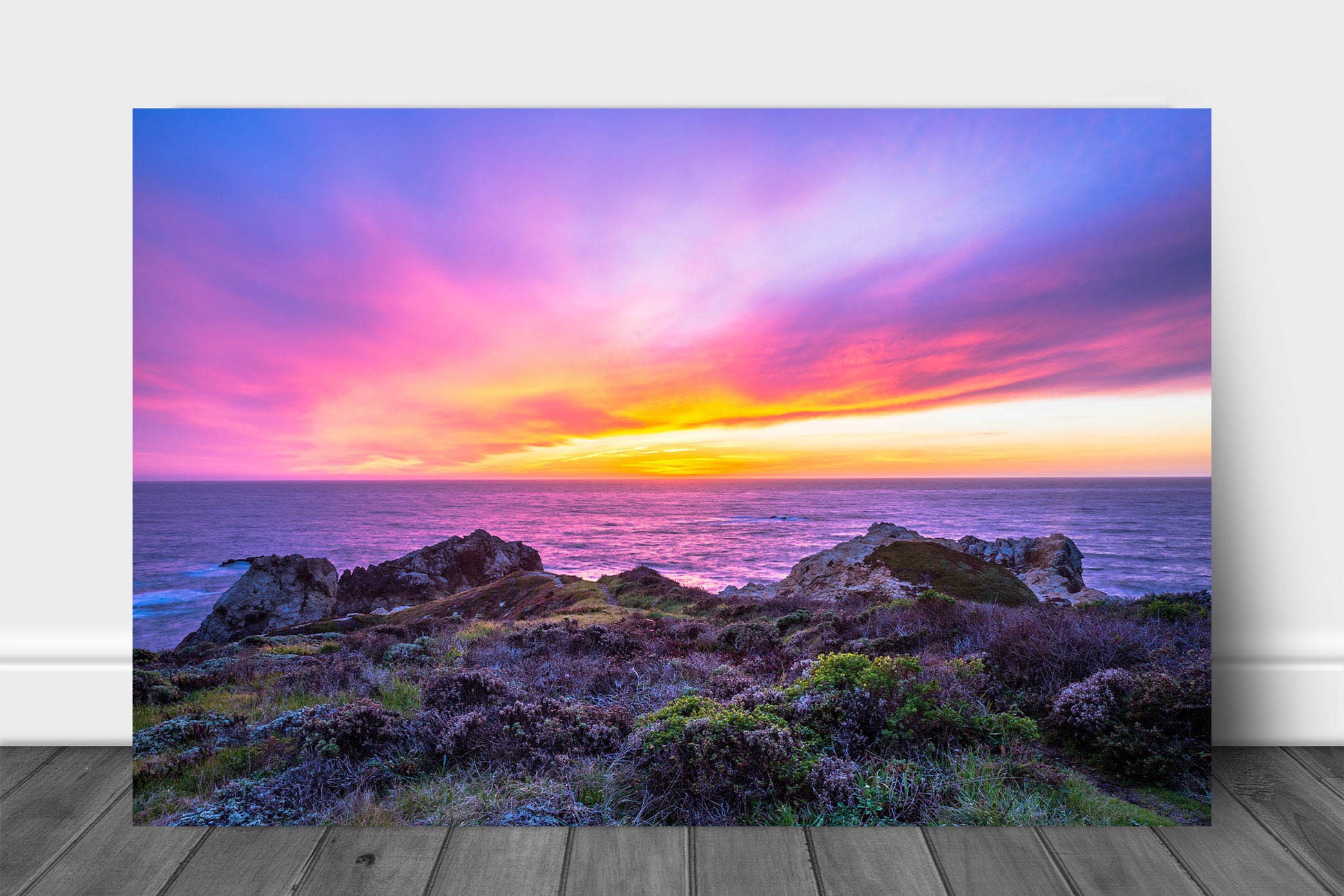 Coastal metal print on aluminum of a warm and colorful sunset over the Pacific Ocean along the coast of Big Sur, California by Sean Ramsey of Southern Plains Photography.