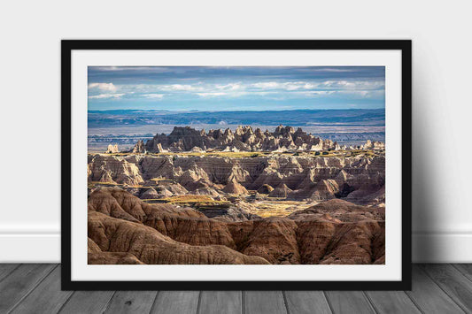 Framed and matted western landscape print of spires rising up from the plains on an autumn day in Badlands National Park, South Dakota by Sean Ramsey of Southern Plains Photography.