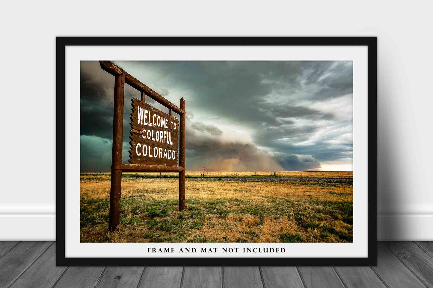 Storm Photography Print (Not Framed) Picture of Thunderstorm Advancing Past a Colorful Colorado State Line Sign Great Plains Wall Art Western Decor