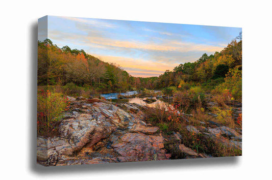 Beavers Bend canvas wall art of fall color surrounding a creek at sunset near Broken Bow Lake, Oklahoma by Sean Ramsey of Southern Plains Photography.
