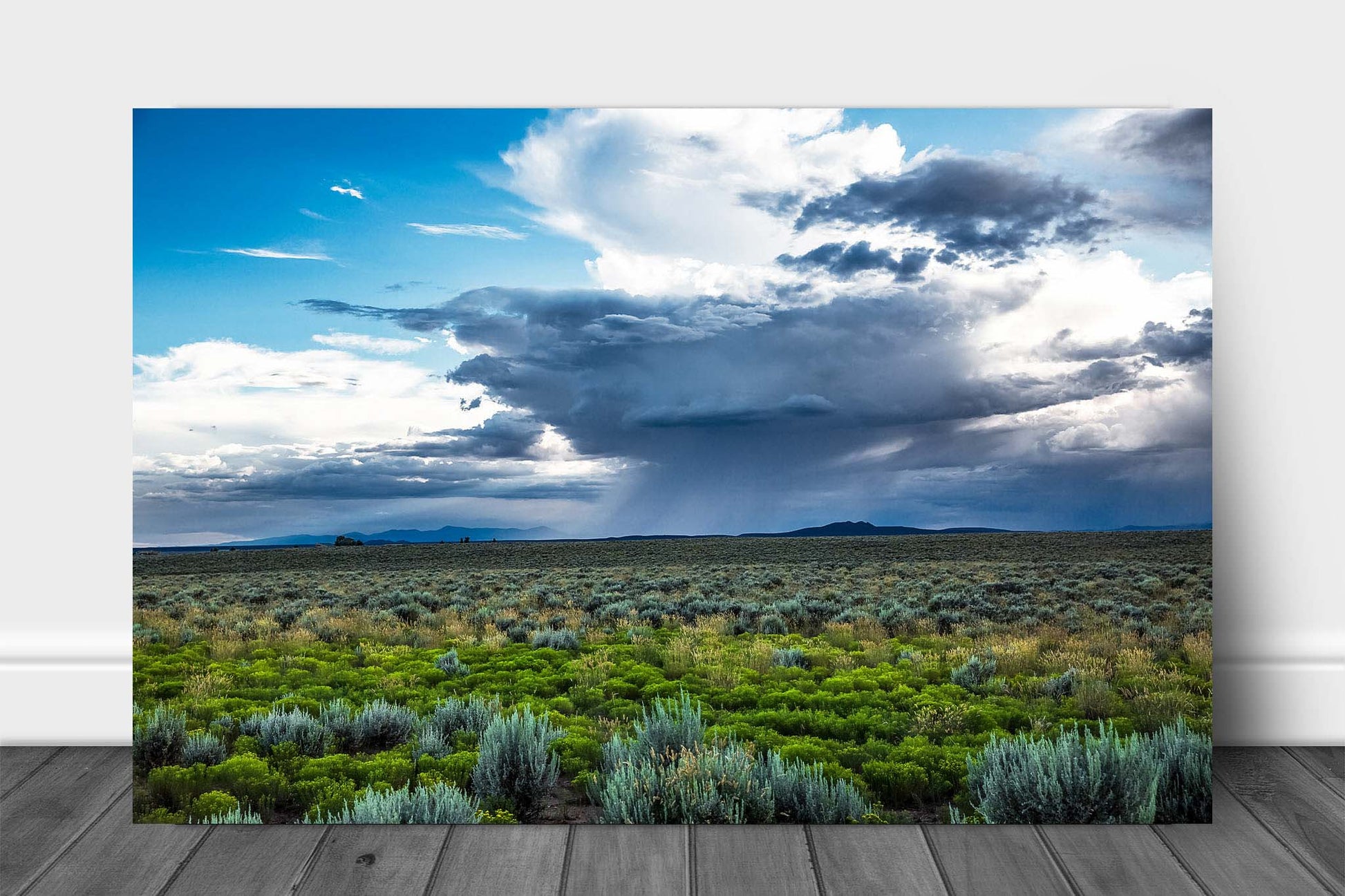 Southwest metal print on aluminum of a summer monsoon thunderstorm over sagebrush on a stormy day near Taos, New Mexico by Sean Ramsey of Southern Plains Photography.
