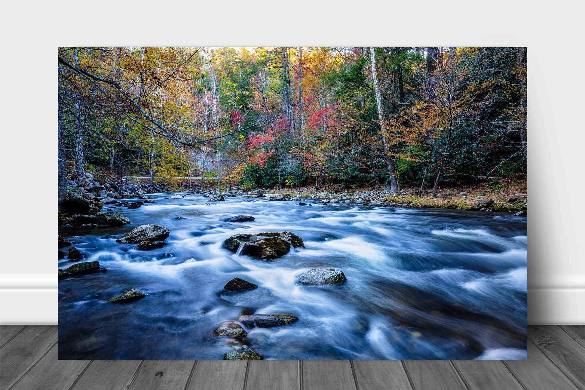 Landscape metal print wall art of Laurel Creek flowing through fall color on an autumn day in Great Smoky Mountains National Park by Sean Ramsey of Southern Plains Photography.