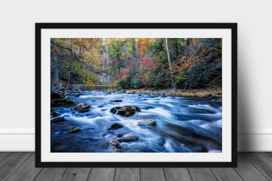 Framed and matted nature print of Laurel Creek rushing through fall color on an autumn day in the Great Smoky Mountains of Tennessee by Sean Ramsey of Southern Plains Photography.
