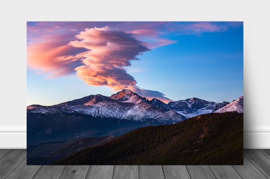 Rocky mountain metal print of a cloud illuminated by sunlight at sunrise over Longs Peak in Rocky Mountain National Park, Colorado by Sean Ramsey of Southern Plains Photography.
