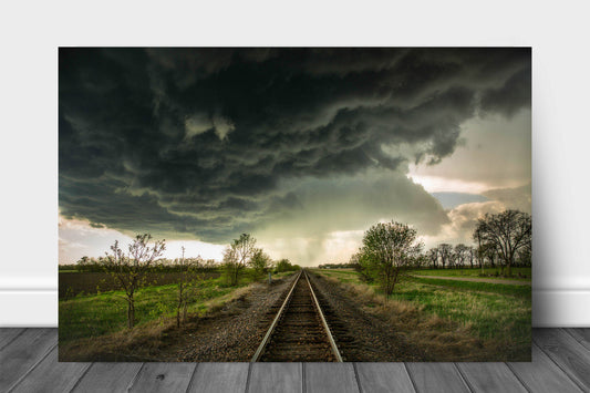 Railroad metal print on aluminum of dark storm clouds over train tracks on a stormy spring day in Kansas by Sean Ramsey of Southern Plains Photography.