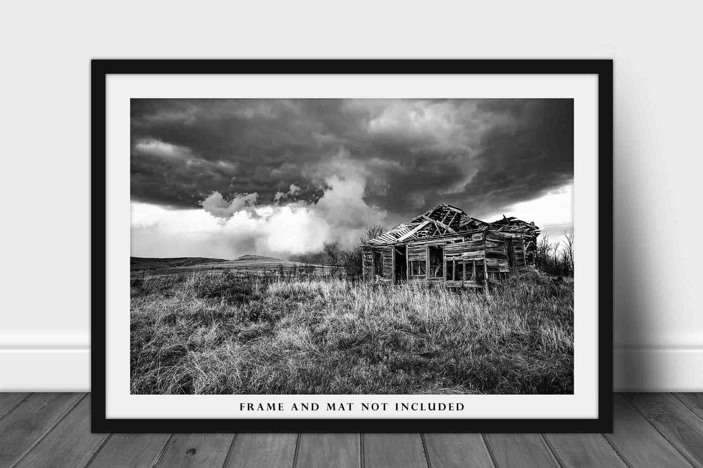 Great Plains Photography Print (Not Framed) Black and White Picture of Abandoned House and Storm on Spring Day in Kansas Thunderstorm Wall Art Prairie Decor