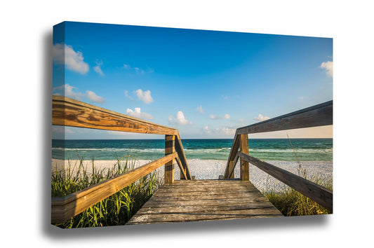 Coastal canvas wall art of a sandy boardwalk leading to a beach and the emerald waters of the Gulf Coast near Destin, Florida by Sean Ramsey of Southern Plains Photography.