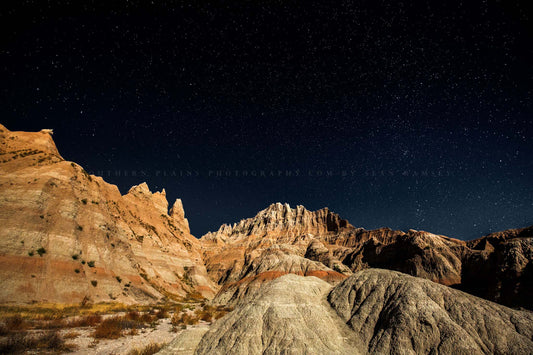 Great Plains photography print of a starry night sky over pinnacles in Badlands National Park, South Dakota by Sean Ramsey of Southern Plains Photography.