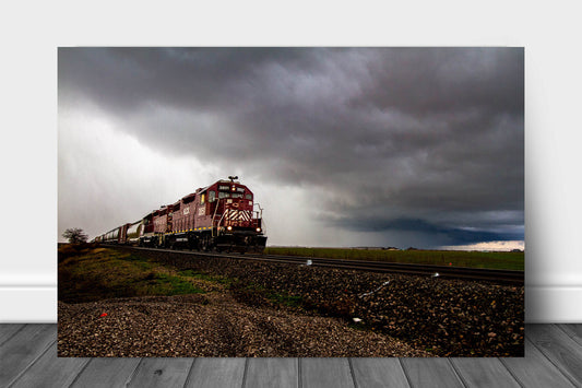 Train metal print on aluminum of a locomotive emerging from a thunderstorm on a stormy winter day in Oklahoma by Sean Ramsey of Southern Plains Photography.