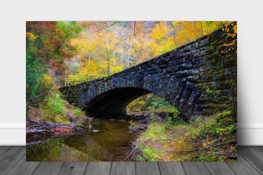 Landscape metal print of a stone bridge surrounded by fall color on an autumn day in the Great Smoky Mountains of Tennessee by Sean Ramsey of Southern Plains Photography.