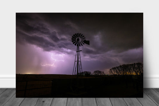 Country metal print on aluminum of an old windmill and lightning on a stormy night in Oklahoma by Sean Ramsey of Southern Plains Photography.