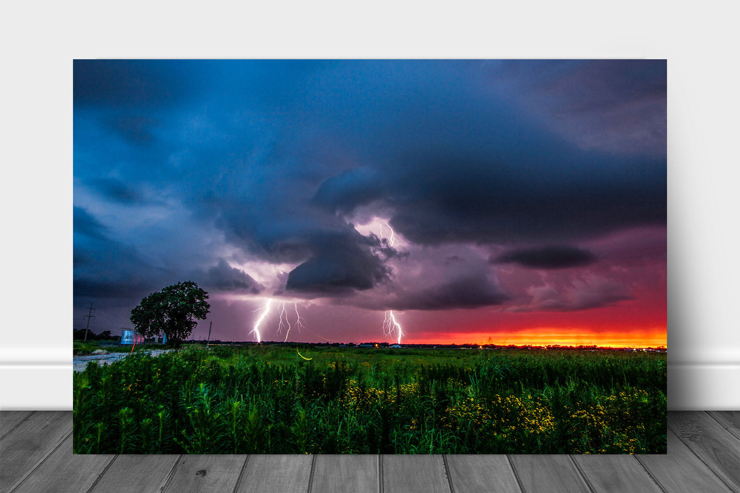 Storm metal print on aluminum of lightning strikes as a firefly whirls about on a stormy summer evening in Oklahoma by Sean Ramsey of Southern Plains Photography.