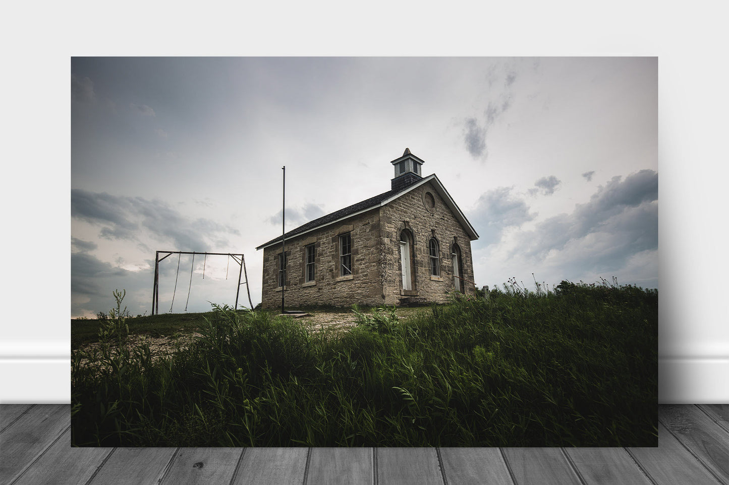 Abandoned metal print wall art of Lower Fox Creek School on a stormy summer day on the Tallgrass Prairie in the Flint Hills of Kansas by Sean Ramsey of Southern Plains Photography.