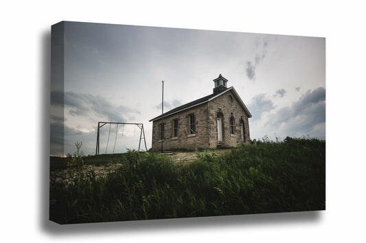 Abandoned canvas wall art of the Lower Fox Creek School on a stormy summer day on the Tallgrass Prairie in the Flint Hills of Kansas by Sean Ramsey of Southern Plains Photography.