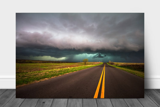 Storm metal print on aluminum of a highway leading to an intense thunderstorm on a stormy evening in Oklahoma by Sean Ramsey of Southern Plains Photography.