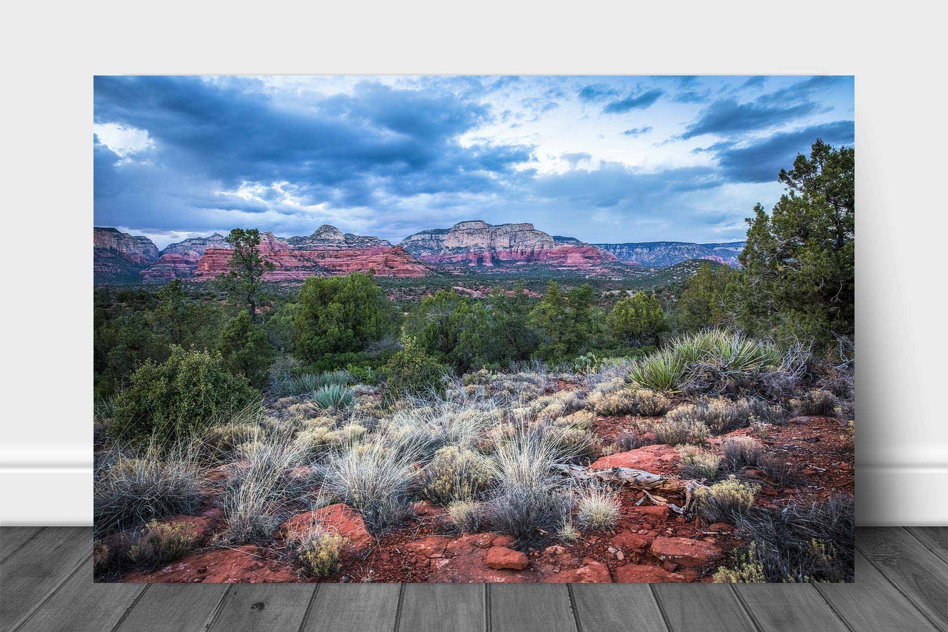 Desert southwest metal print of red rocks and desert landscape on a chilly spring evening near Sedona, Arizona by Sean Ramsey of Southern Plains Photography.