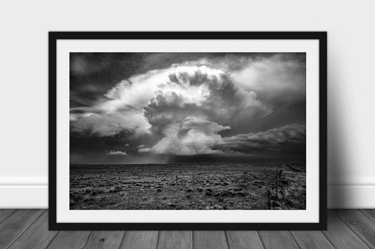 Framed and matted black and white print of a supercell thunderstorm over open prairie on the high plains of the Oklahoma panhandle by Sean Ramsey of Southern Plains Photography.