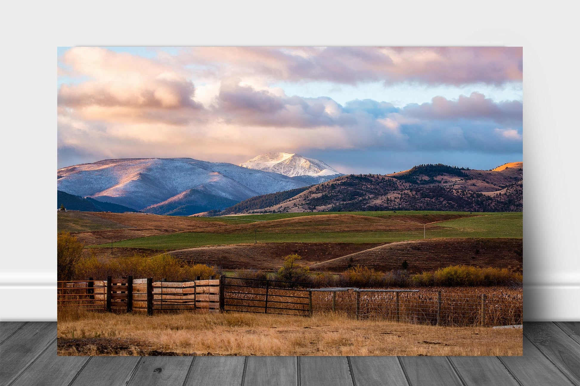 the-days-before-winter-snowy-peak-sunrise-autumn-fall-landscape-rocky-mountains-western-foothills-ranch-montana-aluminum-metal-print-wall-art