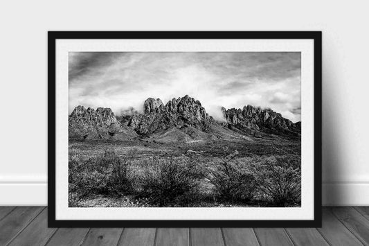 Framed Chihuahuan Desert print with optional mat in black and white of the Organ Mountains near Las Cruces, New Mexico by Sean Ramsey of Southern Plains Photography.