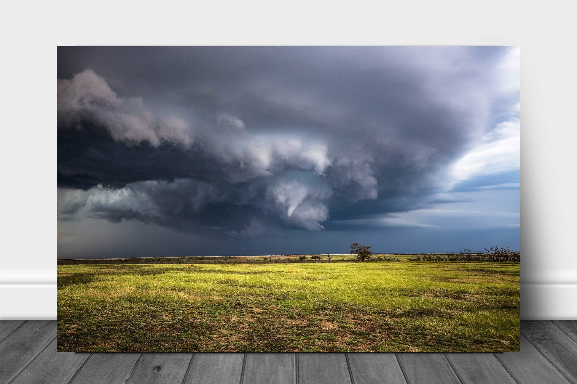 Storm metal print on aluminum of a thunderstorm wrapping up to produce a funnel cloud over an open field on a stormy autumn day in Oklahoma by Sean Ramsey of Southern Plains Photography.
