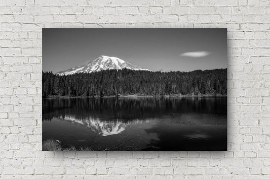 Black and white Pacific Northwest metal print on aluminum of Mount Rainier overlooking Reflection Lake on a late summer day in Washington state by Sean Ramsey of Southern Plains Photography.