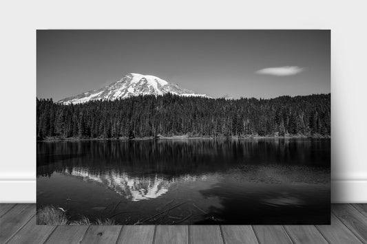 Black and white Pacific Northwest metal print on aluminum of Mount Rainier overlooking Reflection Lake on a late summer day in Washington state by Sean Ramsey of Southern Plains Photography.