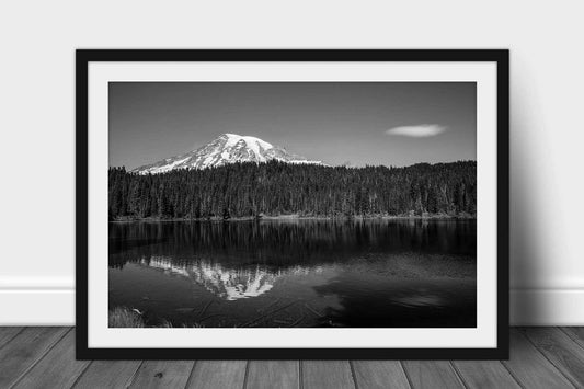 Framed Pacific Northwest print in black and white of Mount Rainier overlooking Reflection Lake on a late summer day in the Cascade Range of Washington state by Sean Ramsey of Southern Plains Photography.