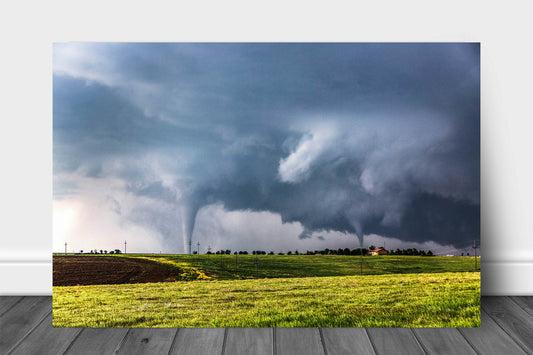 Storm metal print n aluminum of two tornadoes touching down at the same time on a stormy day near Dodge City, Kansas by Sean Ramsey of Southern Plains Photography.