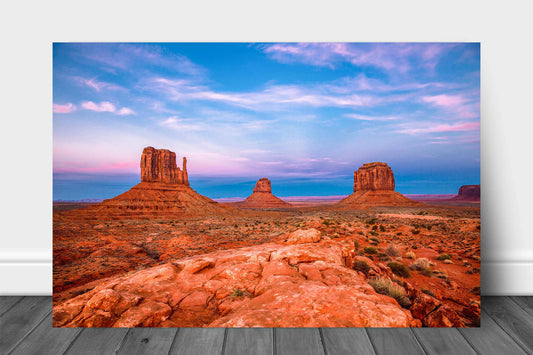 Western landscape metal print of the Mittens under a scenic sky at sunset in Monument Valley along the Arizona and Utah border by Sean Ramsey of Southern Plains Photography.