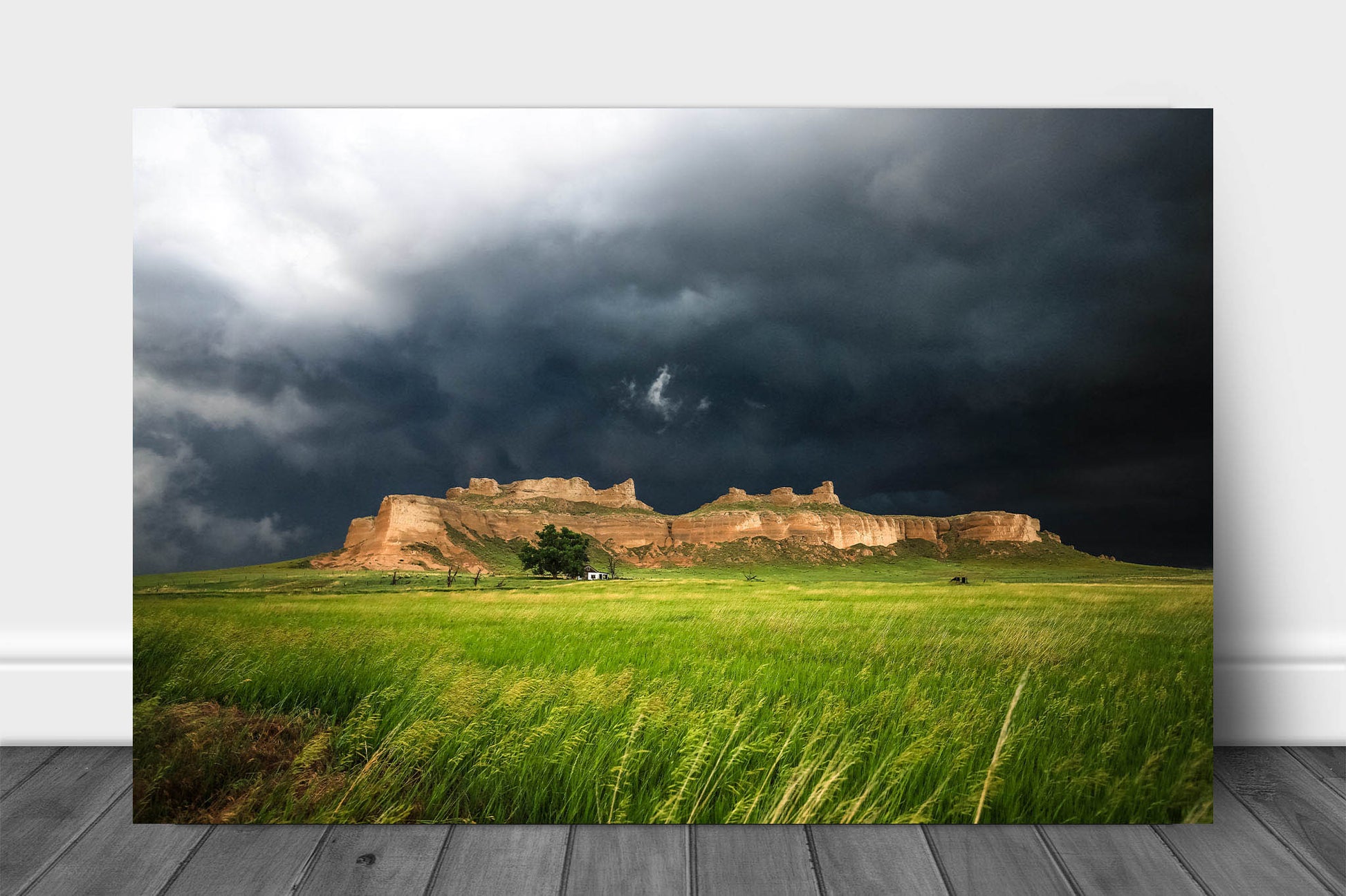 Aluminum metal print wall art of a bluff under a stormy sky along Wright's Gap Road near Scottsbluff, Nebraska by Sean Ramsey of Southern Plains Photography.