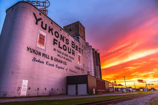 Route 66 photography print of the Yukon's Best flour grain elevator at sunset on main street in Yukon, Oklahoma by Sean Ramsey of Southern Plains Photography.
