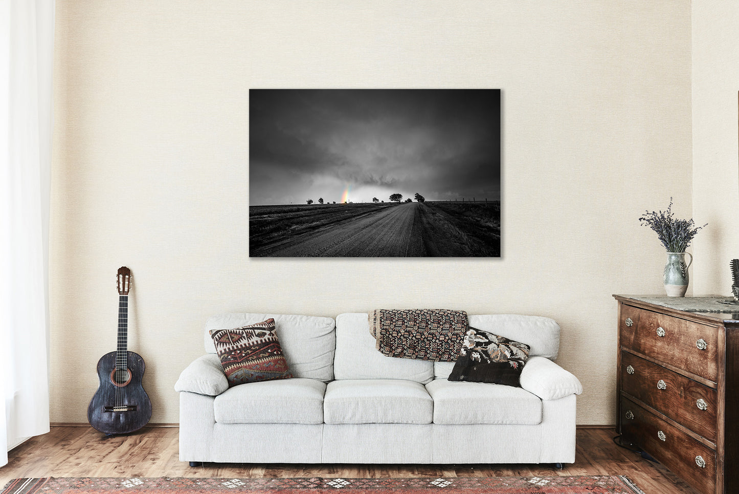 Canvas Wall Art | Dirt Road Leading to Rainbow Photo | Color on Black and White Gallery Wrap | Kansas Photography | Storm Picture | Whimsical Decor
