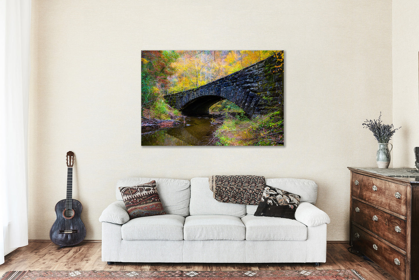 Great Smoky Mountains Canvas Wall Art (Ready to Hang) Gallery Wrap of Stone Bridge Over Laurel Creek Surrounded by Fall Color in Tennessee Forest Photography Country Decor