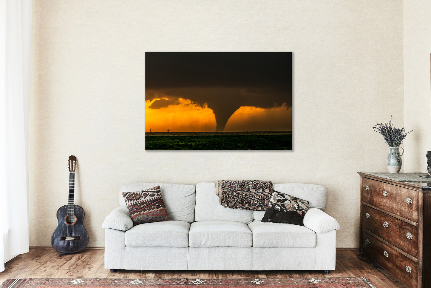 Storm Canvas Wall Art (Ready to Hang) Gallery Wrap of Large Tornado Appearing as Silhouette Against Evening Sky at Sunset in Kansas Thunderstorm Photography Weather Decor