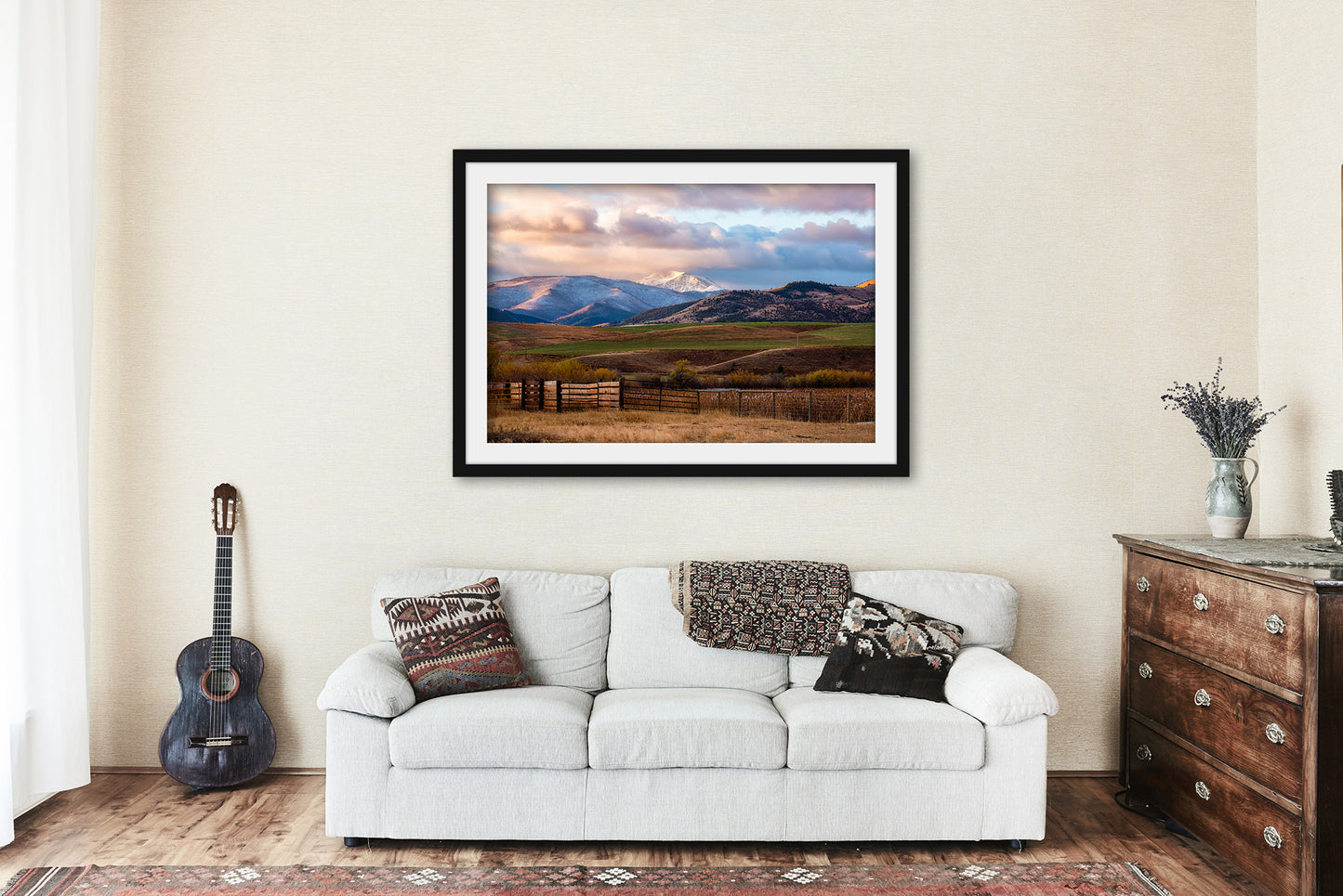 Framed and Matted Print - Picture of Snowy Peak Overlooking Valley on Autumn Morning in Montana Rocky Mountain Wall Art Western Decor