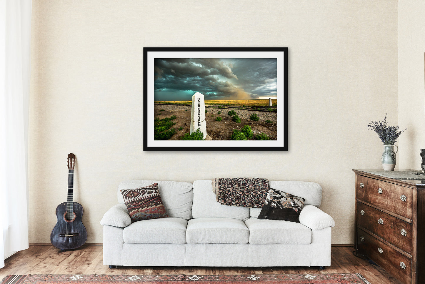Framed Great Plains Print with Optional Mat (Ready to Hang) Picture of Thunderstorm Advancing Past Railroad Post at Kansas and Colorado State Line Storm Wall Art Western Decor