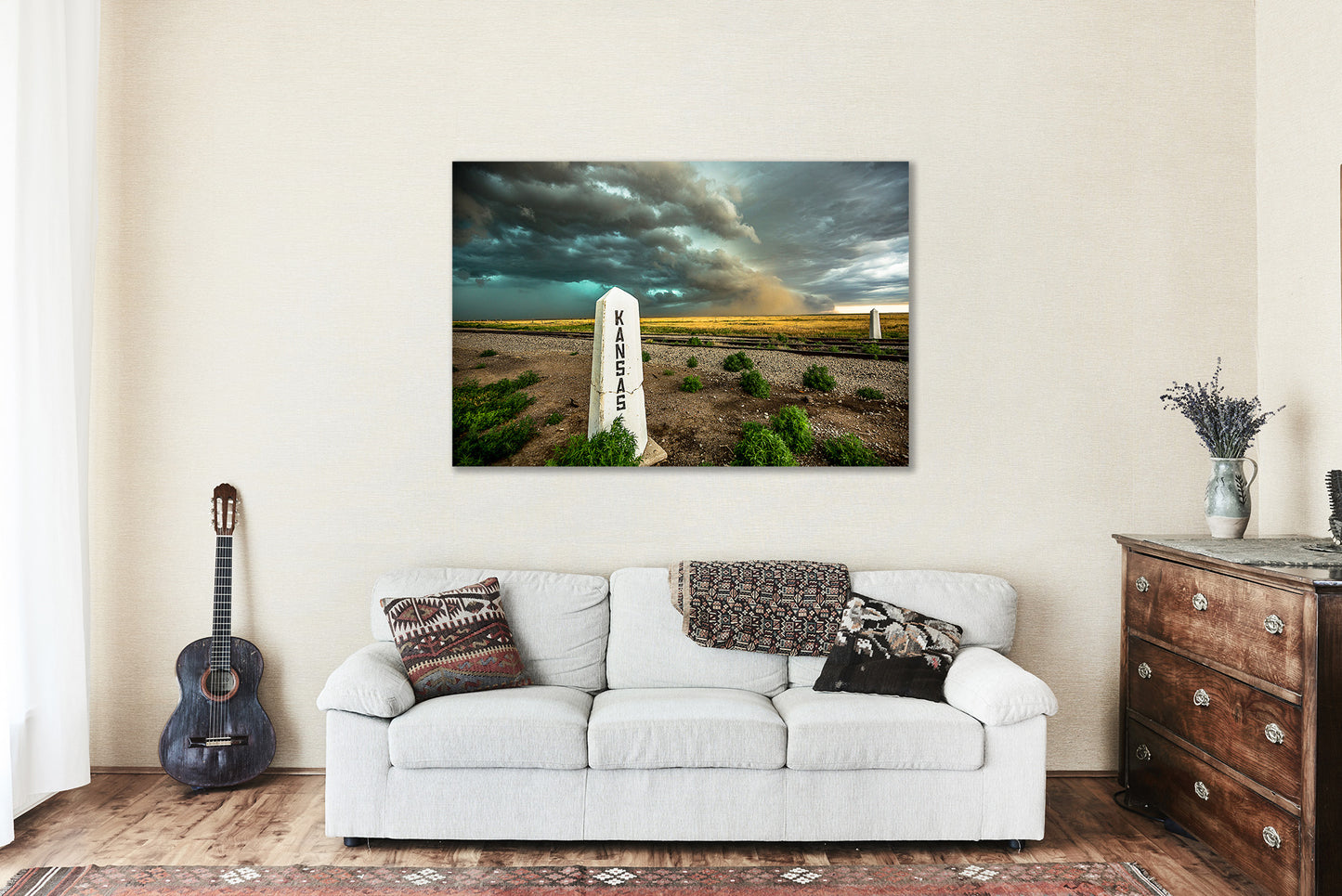 Great Plains Canvas Wall Art (Ready to Hang) Gallery Wrap of Thunderstorm Advancing Past Railroad Post at Kansas and Colorado State Line Storm Photography Western Decor