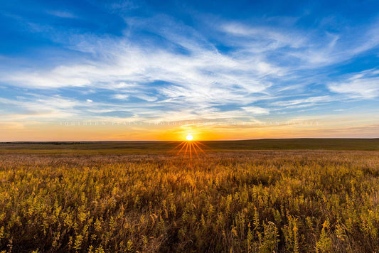 Great Plains photography print of a peaceful sunset over the Tallgrass Prairie on an autumn evening in Osage County, Oklahoma by Sean Ramsey of Southern Plains Photography.