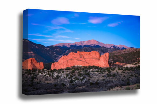 Rocky Mountain canvas wall art of Pikes Peak overlooking the Garden of the Gods on a chilly winter morning in Colorado Springs, Colorado by Sean Ramsey of Southern Plains Photography.