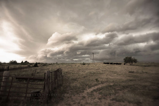 Western photography print of storm clouds advancing over a country landscape on a stormy day on the plains of Oklahoma by Sean Ramsey of Southern Plains Photography.