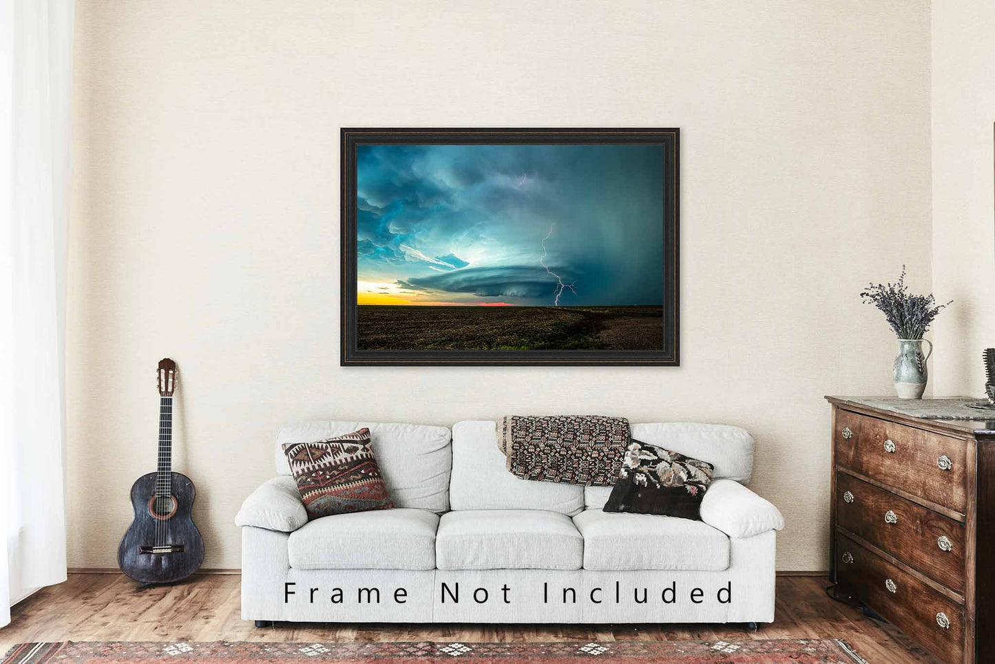 Storm Photography Print (Not Framed) Picture of Supercell Thunderstorm with Lightning Bolt at Sunset on Stormy Spring Evening in Kansas Weather Wall Art Nature Decor